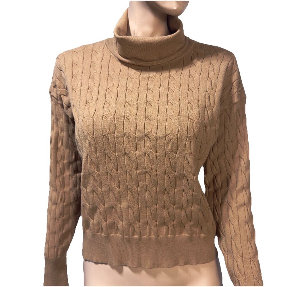 Veronica Beard Lova Cable Knit Sweater Size M Medium Cowl Turtleneck Camel Tan